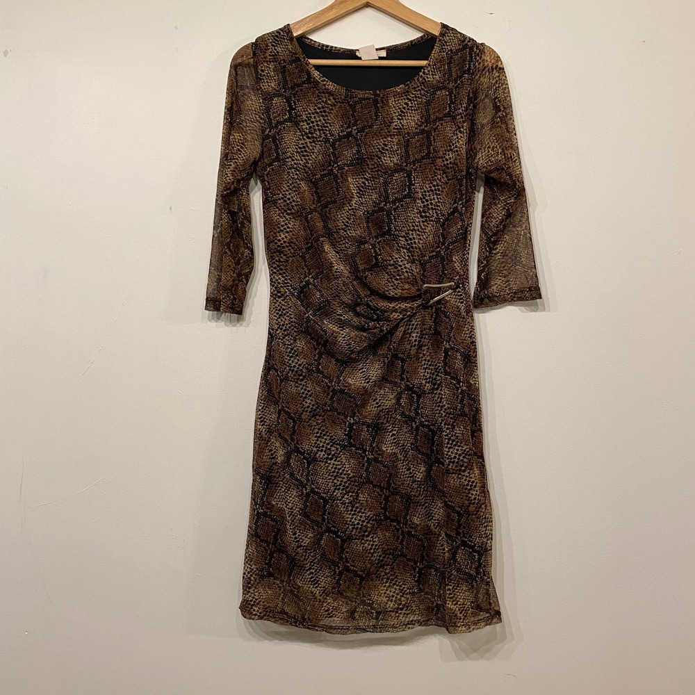 Rae Republic Snakeskin Print Mesh Ruched Sheath Dress Brown Medium